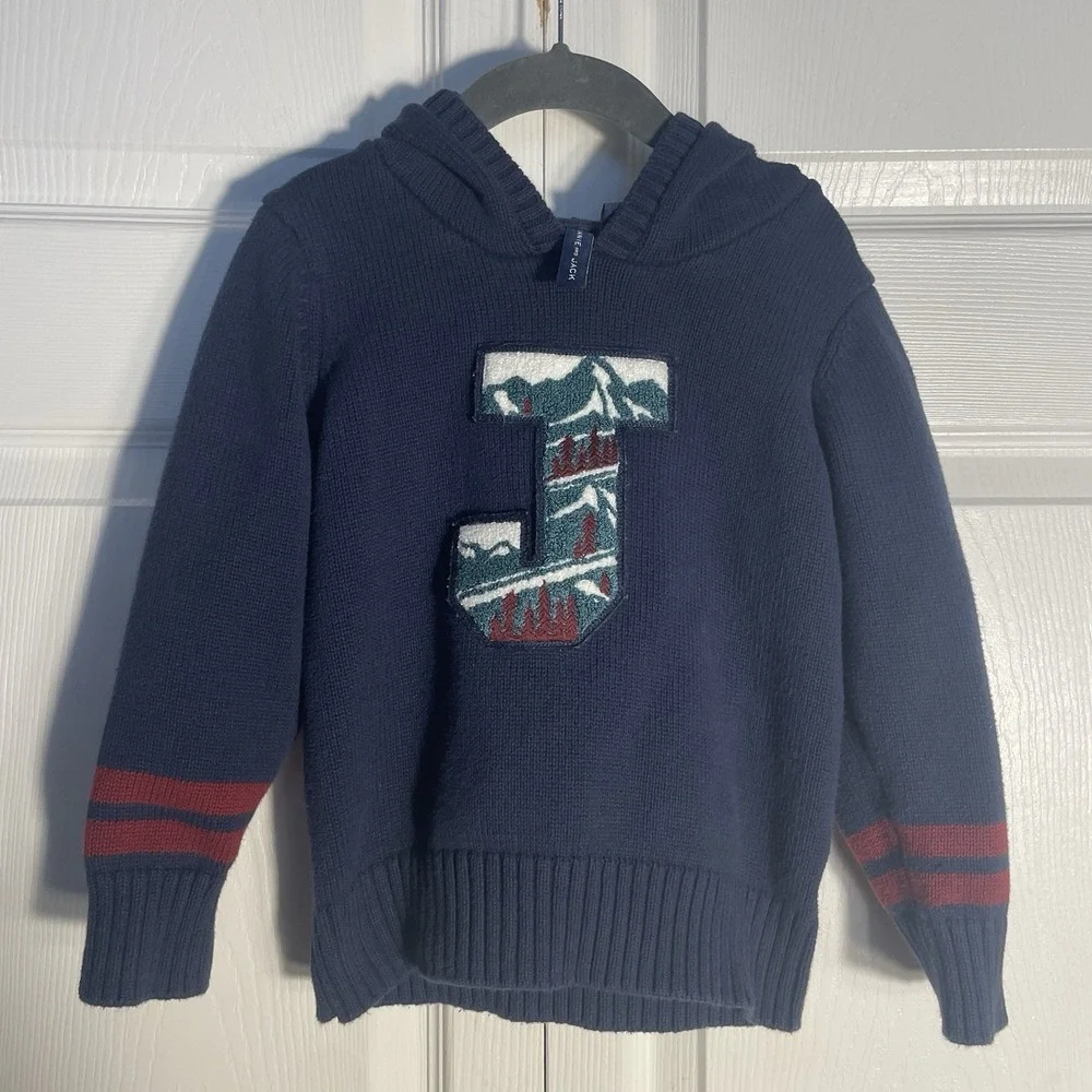 Janie And Jack Hooded Sweater Boys 4 Blue Knit Pullover Raised J Applique Trees